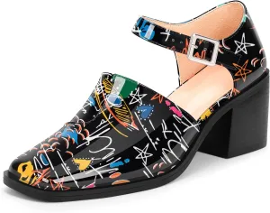 100FIXEO Women's Block High Heel Patent Leather Pumps Square Toe Buckle Strap Glossy Mary Jane Shoes
