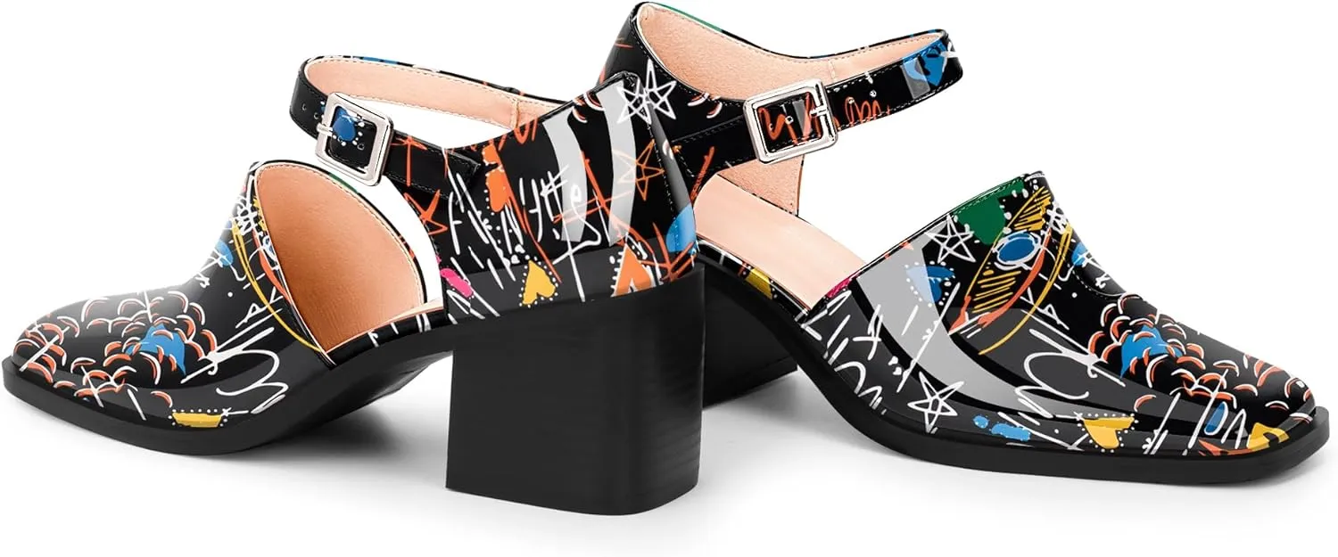100FIXEO Women's Block High Heel Patent Leather Pumps Square Toe Buckle Strap Glossy Mary Jane Shoes