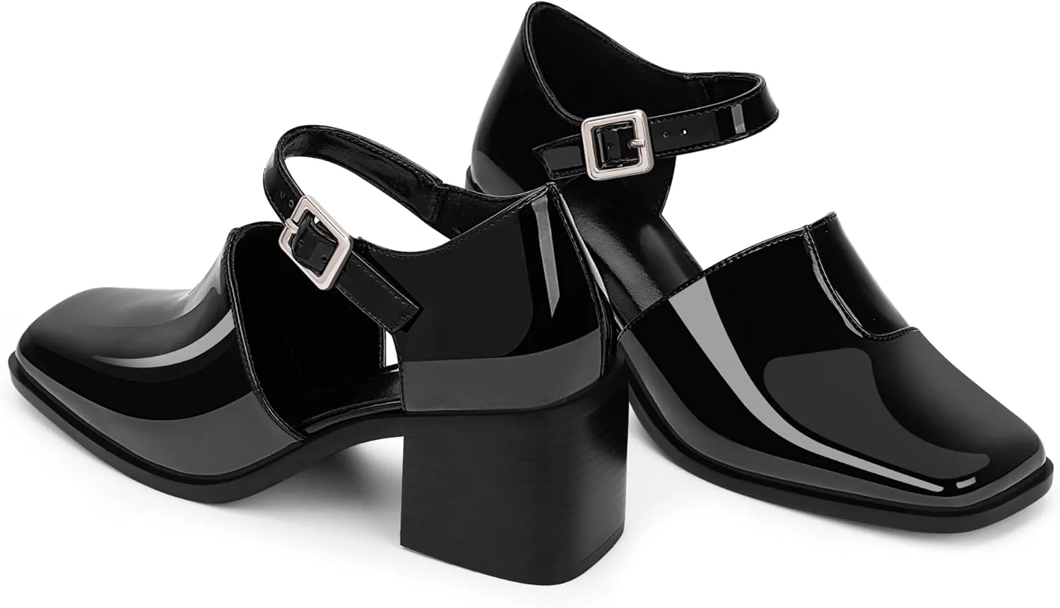 100FIXEO Women's Block High Heel Patent Leather Pumps Square Toe Buckle Strap Glossy Mary Jane Shoes