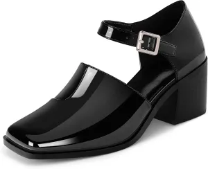 100FIXEO Women's Block High Heel Patent Leather Pumps Square Toe Buckle Strap Glossy Mary Jane Shoes