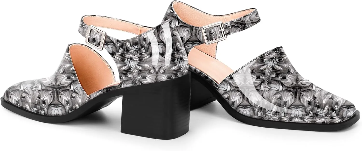 100FIXEO Women's Block High Heel Patent Leather Pumps Square Toe Buckle Strap Glossy Mary Jane Shoes