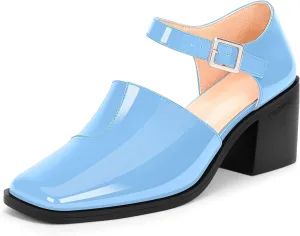 100FIXEO Women's Block High Heel Patent Leather Pumps Square Toe Buckle Strap Glossy Mary Jane Shoes