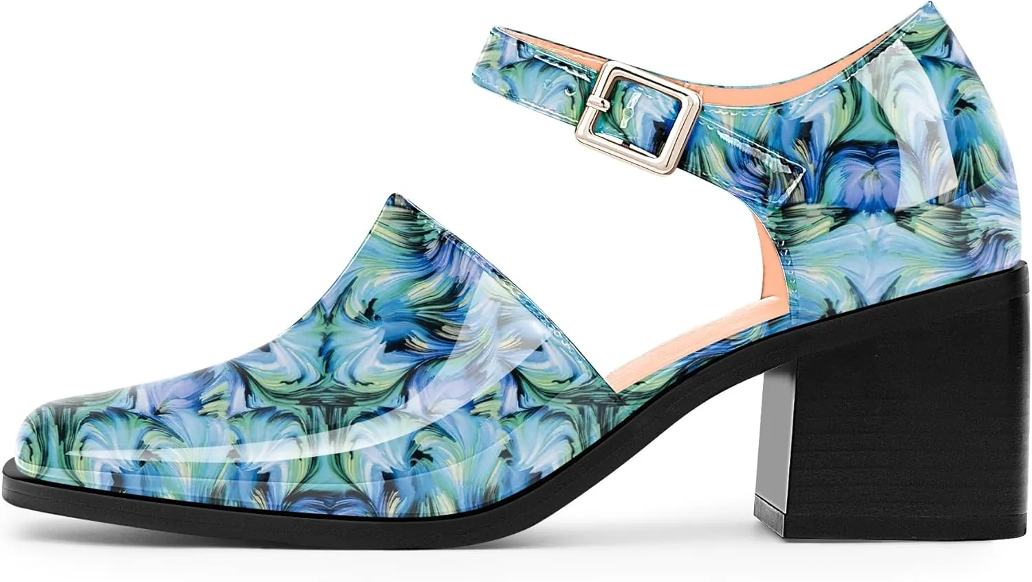 100FIXEO Women's Block High Heel Patent Leather Pumps Square Toe Buckle Strap Glossy Mary Jane Shoes