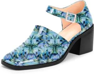 100FIXEO Women's Block High Heel Patent Leather Pumps Square Toe Buckle Strap Glossy Mary Jane Shoes