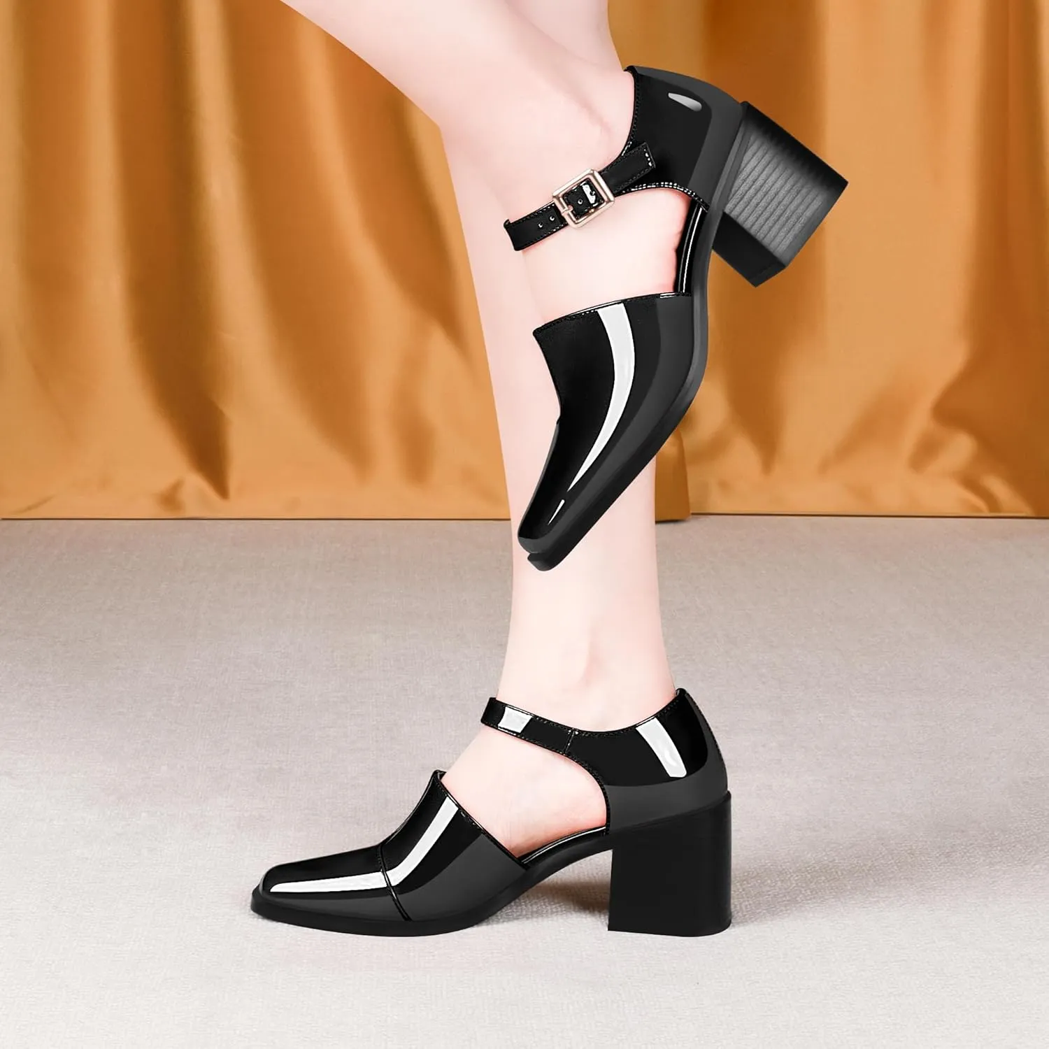 100FIXEO Women's Block High Heel Patent Leather Pumps Square Toe Buckle Strap Glossy Mary Jane Shoes