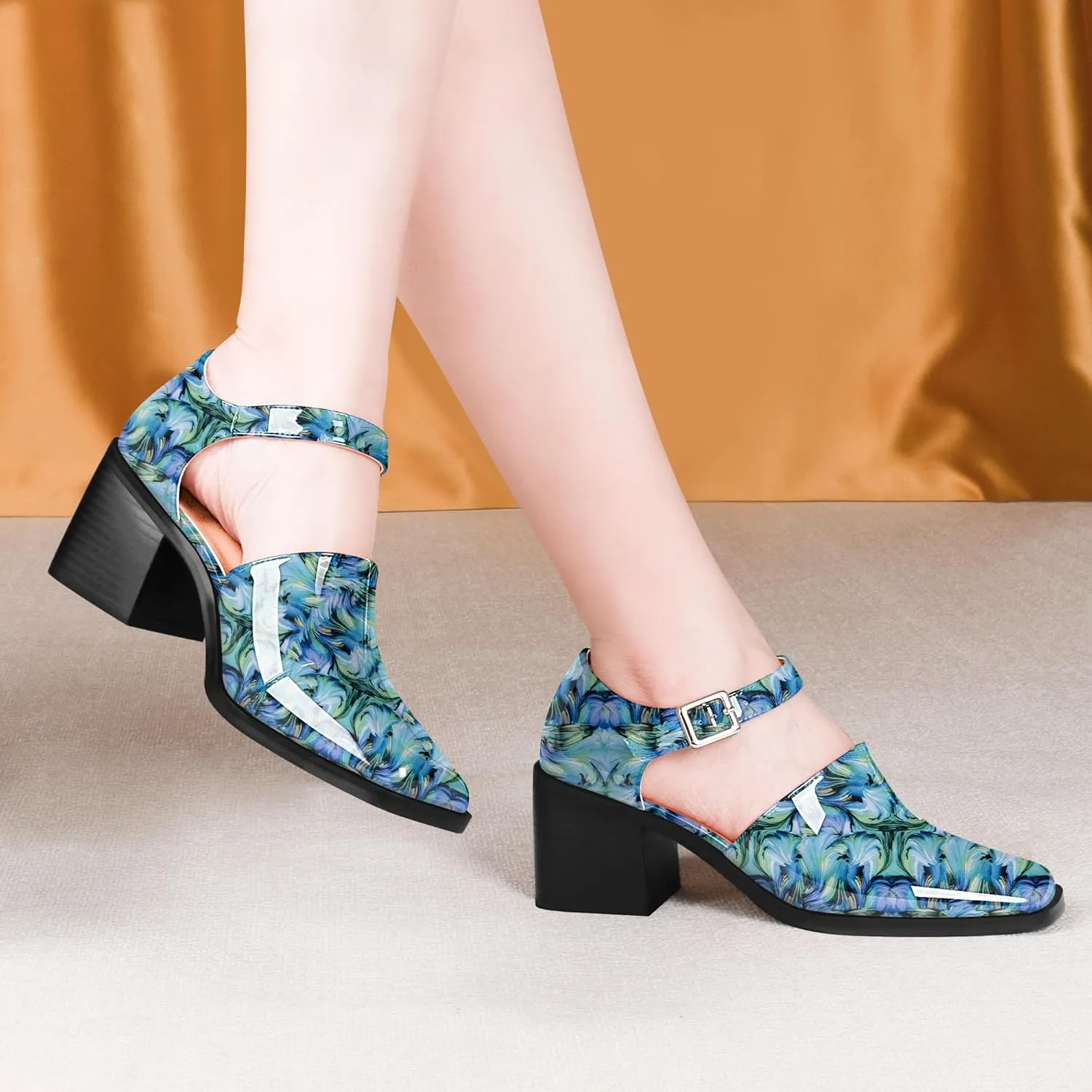 100FIXEO Women's Block High Heel Patent Leather Pumps Square Toe Buckle Strap Glossy Mary Jane Shoes