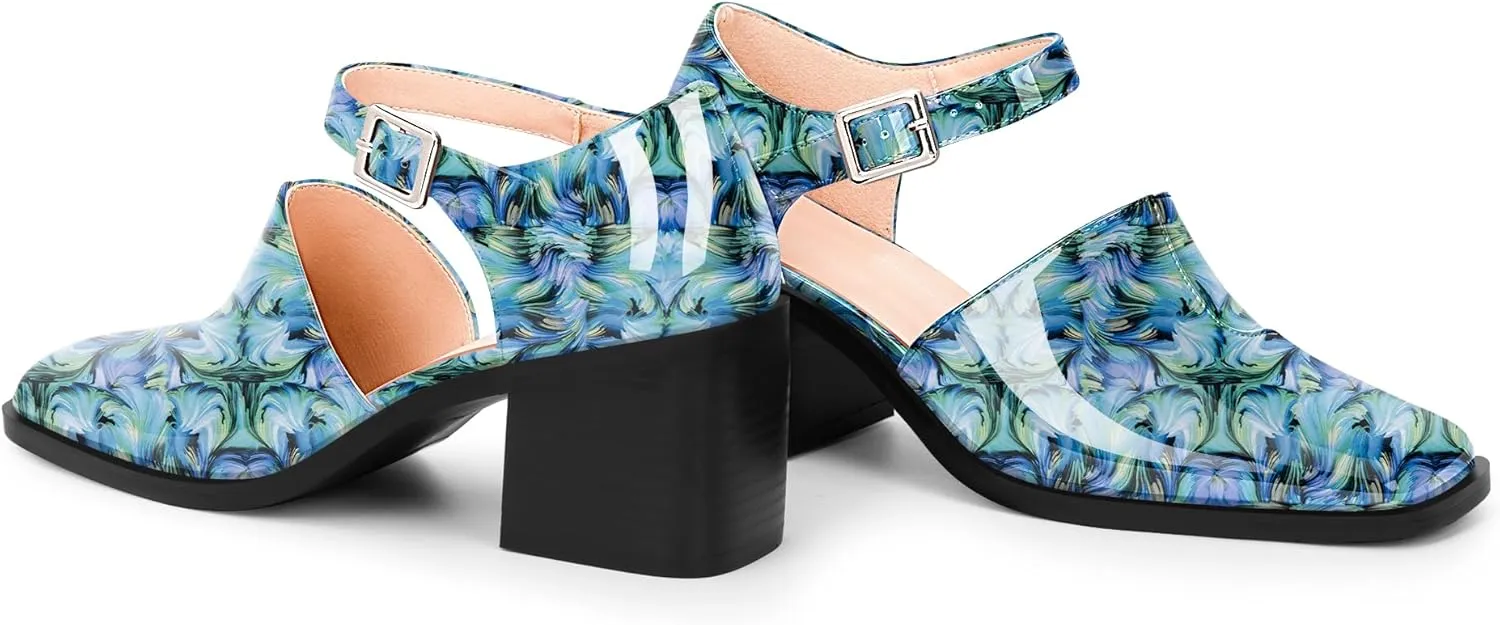 100FIXEO Women's Block High Heel Patent Leather Pumps Square Toe Buckle Strap Glossy Mary Jane Shoes