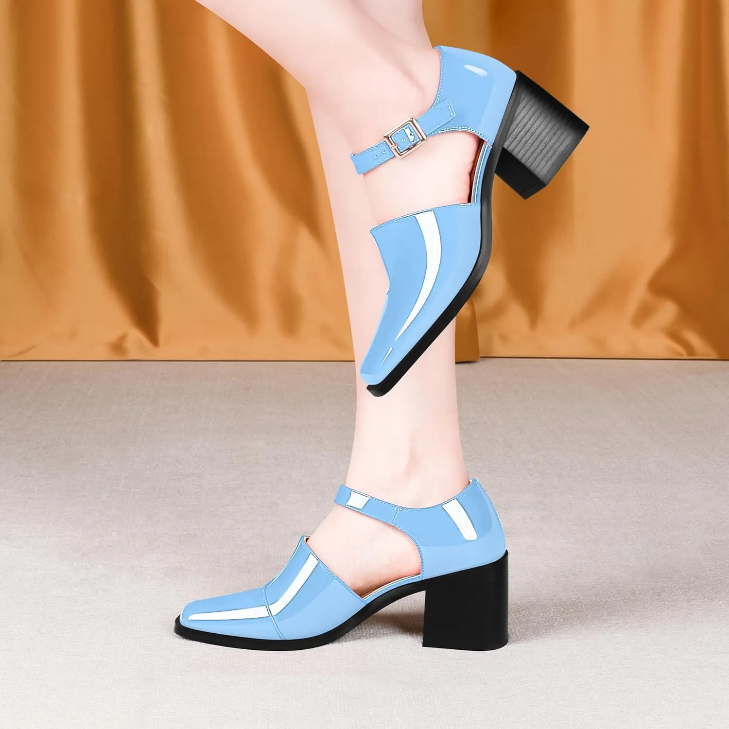 100FIXEO Women's Block High Heel Patent Leather Pumps Square Toe Buckle Strap Glossy Mary Jane Shoes