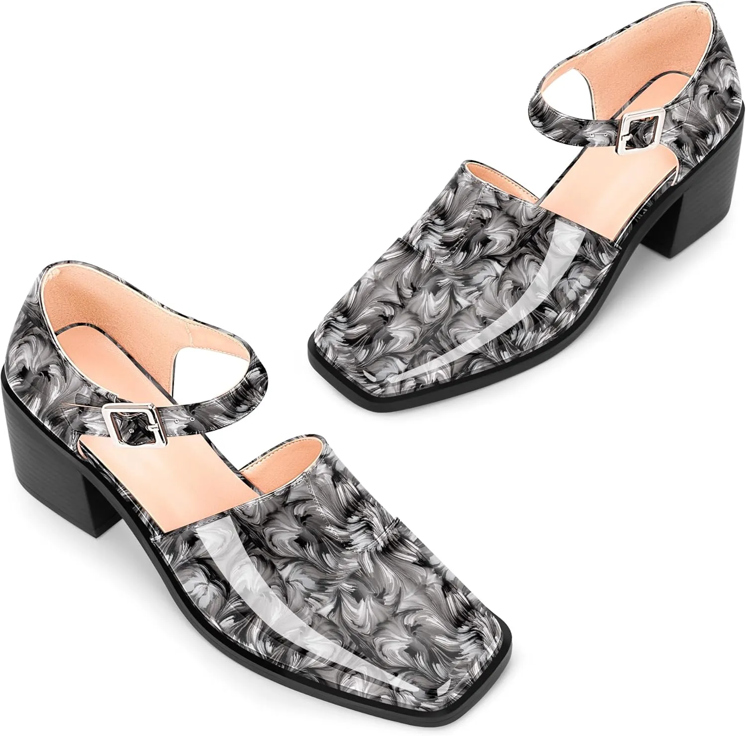 100FIXEO Women's Block High Heel Patent Leather Pumps Square Toe Buckle Strap Glossy Mary Jane Shoes