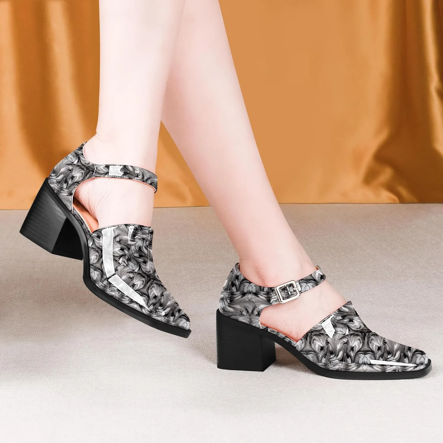 100FIXEO Women's Block High Heel Patent Leather Pumps Square Toe Buckle Strap Glossy Mary Jane Shoes