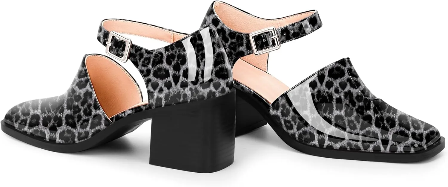 100FIXEO Women's Block High Heel Patent Leather Pumps Square Toe Buckle Strap Glossy Mary Jane Shoes