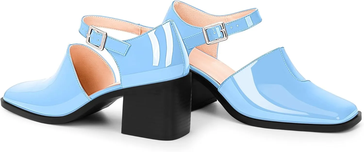 100FIXEO Women's Block High Heel Patent Leather Pumps Square Toe Buckle Strap Glossy Mary Jane Shoes
