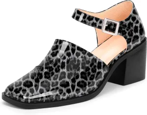 100FIXEO Women's Block High Heel Patent Leather Pumps Square Toe Buckle Strap Glossy Mary Jane Shoes
