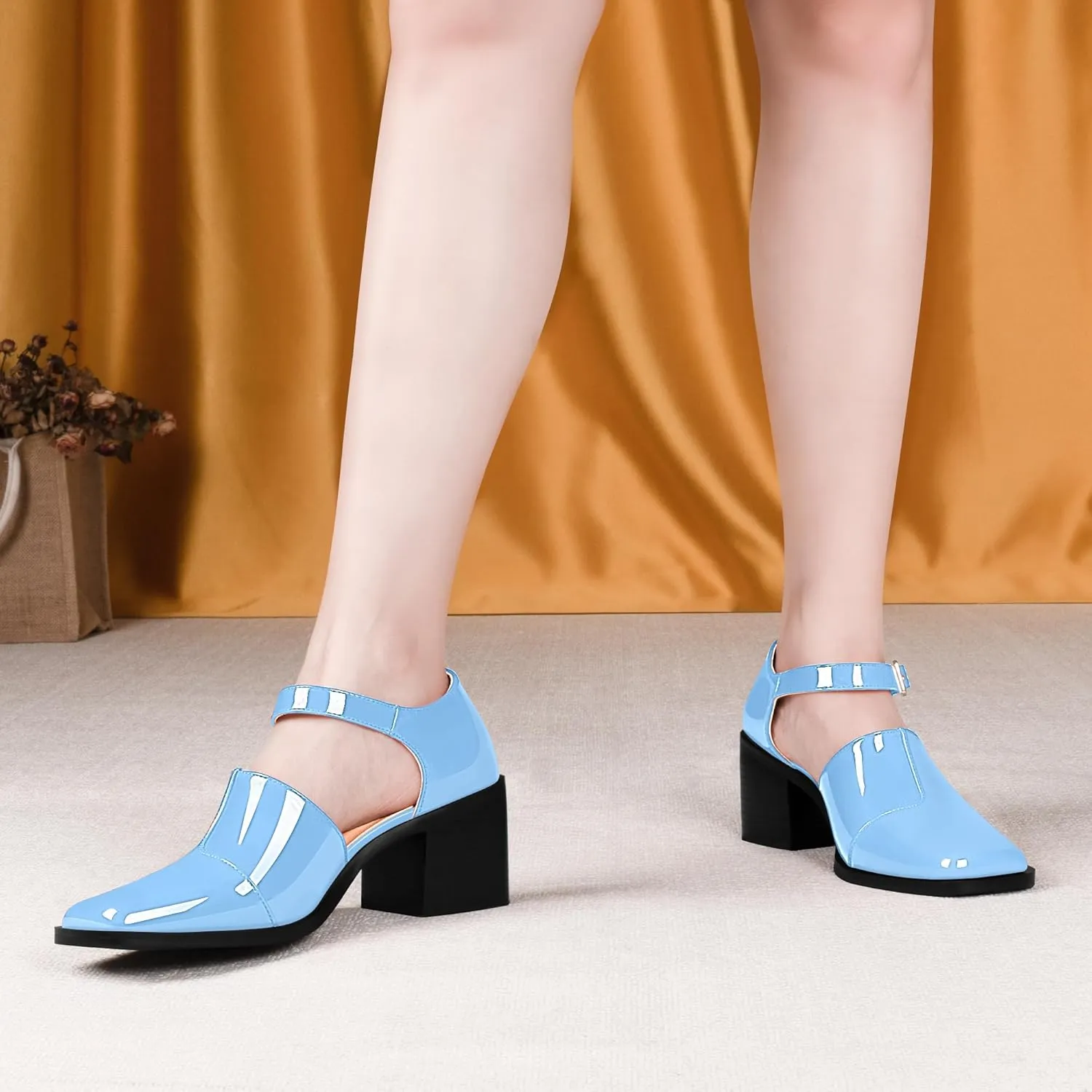100FIXEO Women's Block High Heel Patent Leather Pumps Square Toe Buckle Strap Glossy Mary Jane Shoes