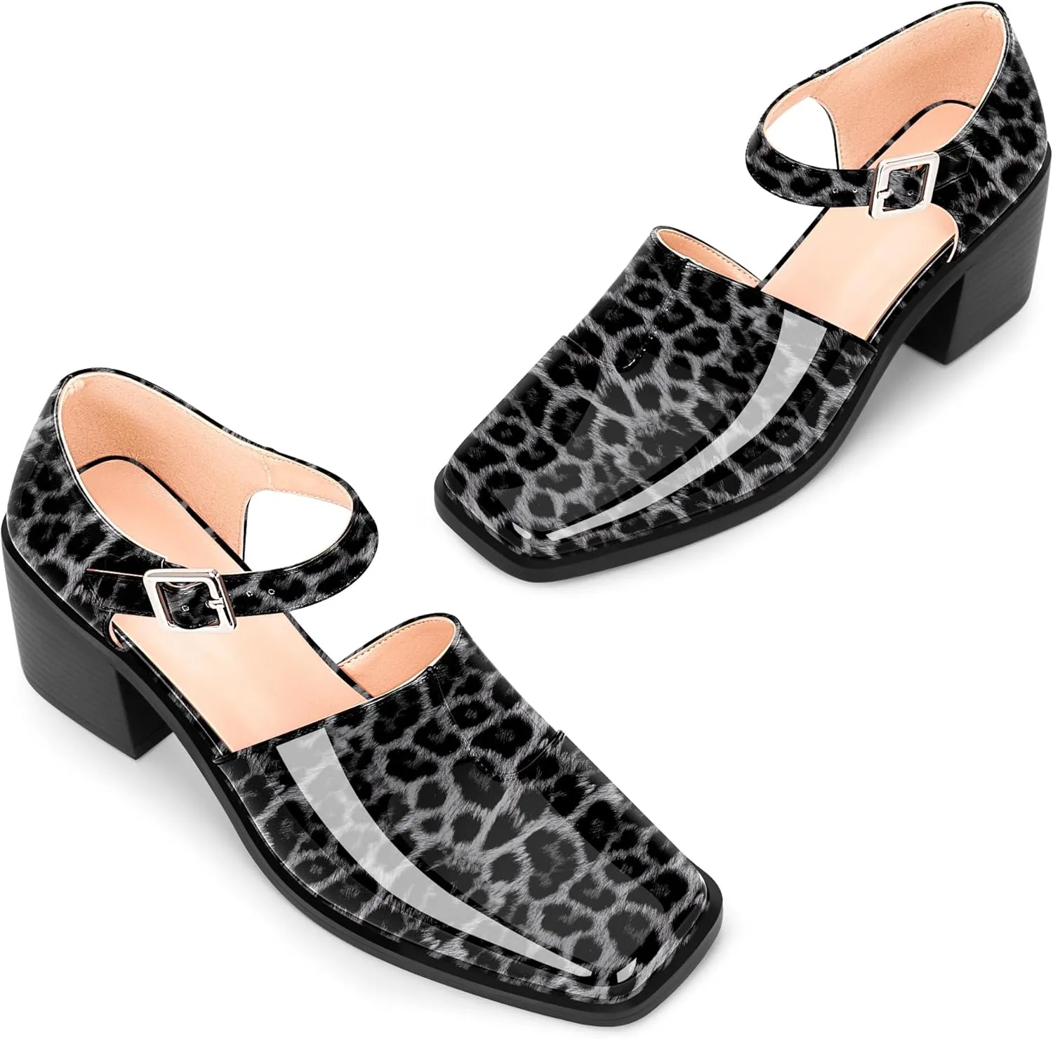 100FIXEO Women's Block High Heel Patent Leather Pumps Square Toe Buckle Strap Glossy Mary Jane Shoes