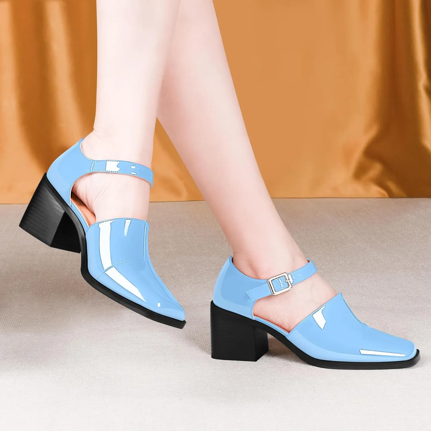 100FIXEO Women's Block High Heel Patent Leather Pumps Square Toe Buckle Strap Glossy Mary Jane Shoes