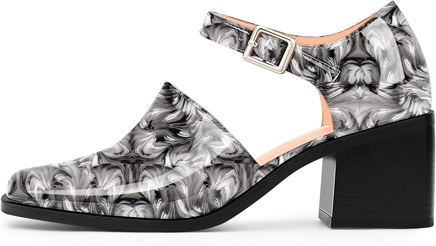 100FIXEO Women's Block High Heel Patent Leather Pumps Square Toe Buckle Strap Glossy Mary Jane Shoes