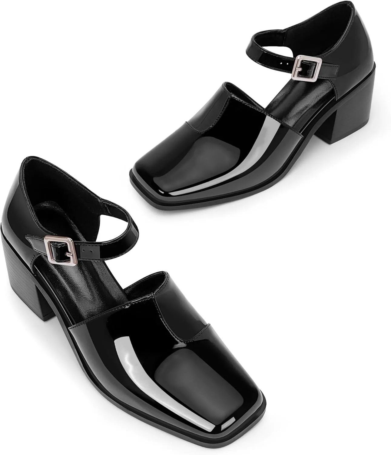 100FIXEO Women's Block High Heel Patent Leather Pumps Square Toe Buckle Strap Glossy Mary Jane Shoes