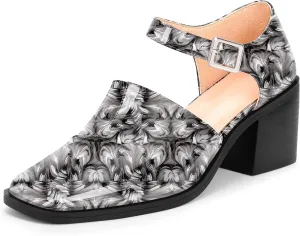100FIXEO Women's Block High Heel Patent Leather Pumps Square Toe Buckle Strap Glossy Mary Jane Shoes