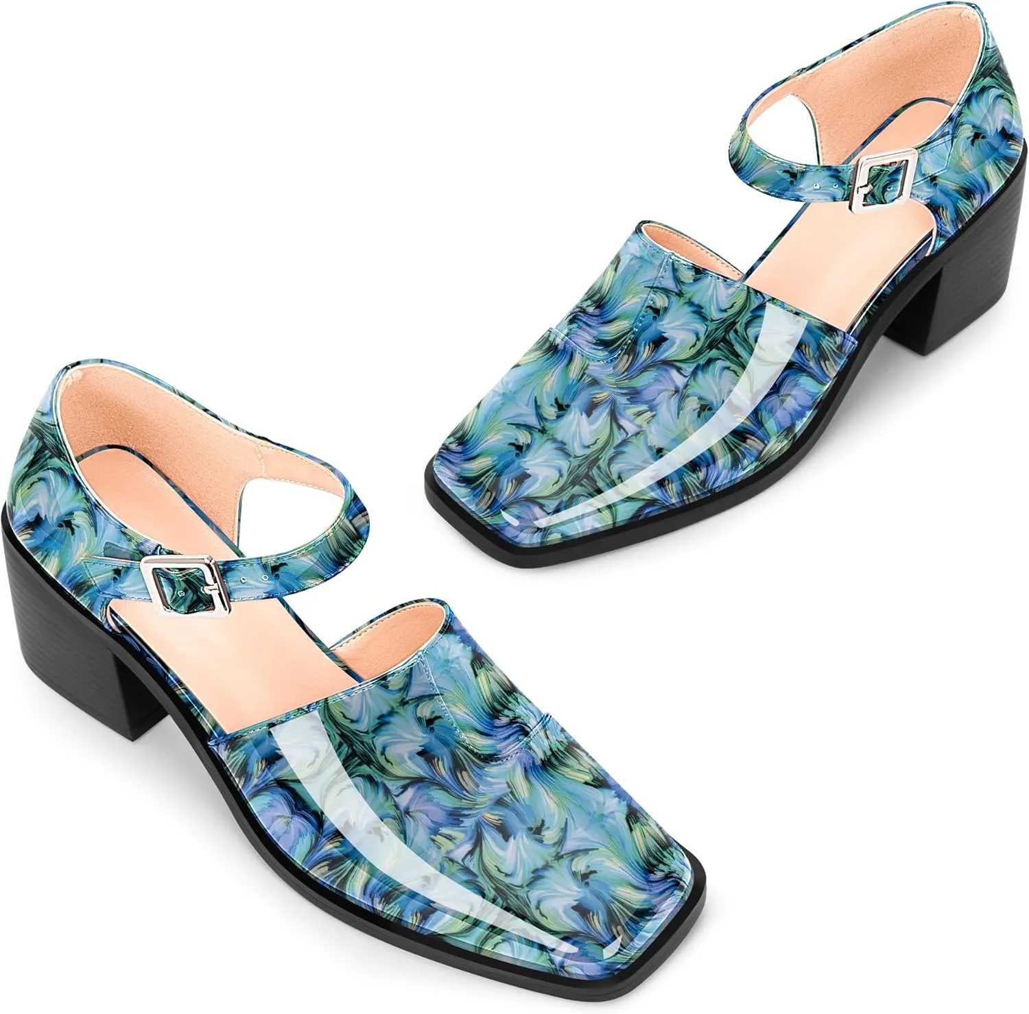 100FIXEO Women's Block High Heel Patent Leather Pumps Square Toe Buckle Strap Glossy Mary Jane Shoes
