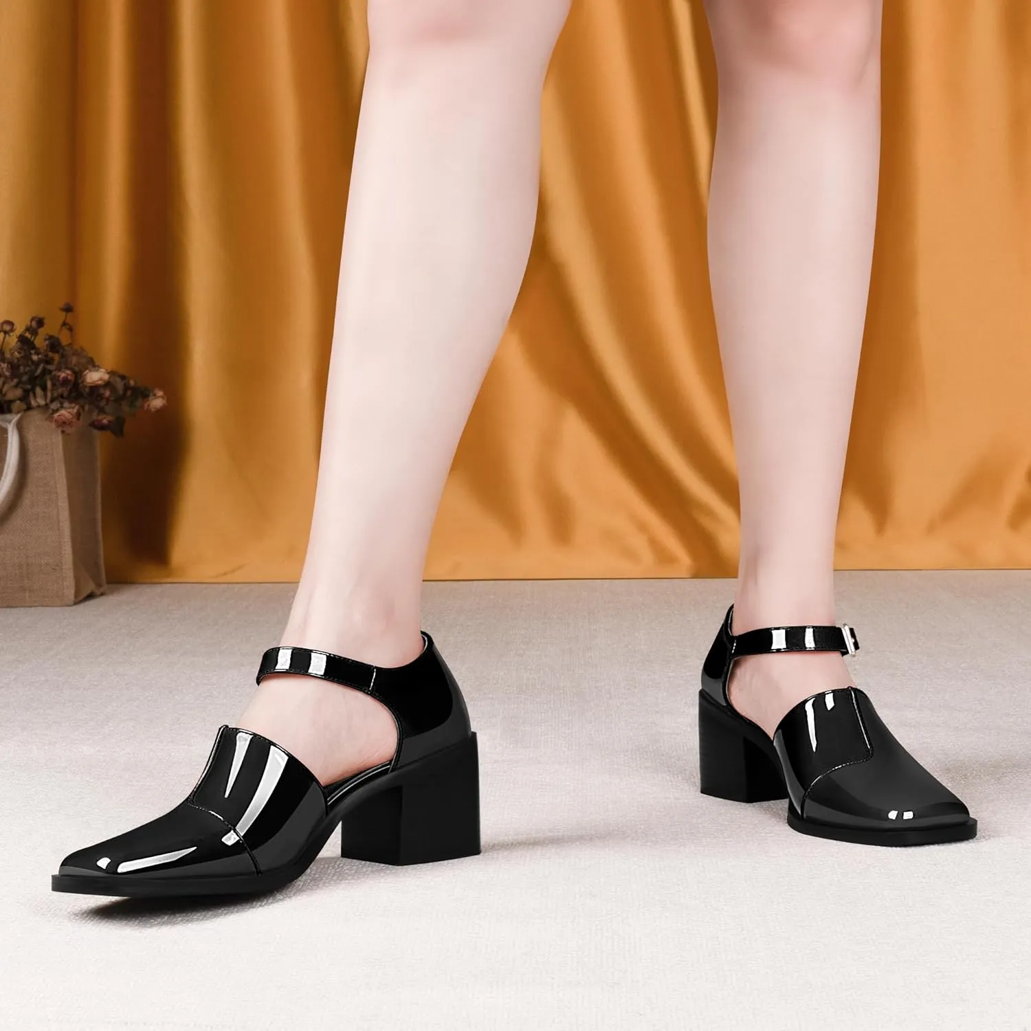 100FIXEO Women's Block High Heel Patent Leather Pumps Square Toe Buckle Strap Glossy Mary Jane Shoes