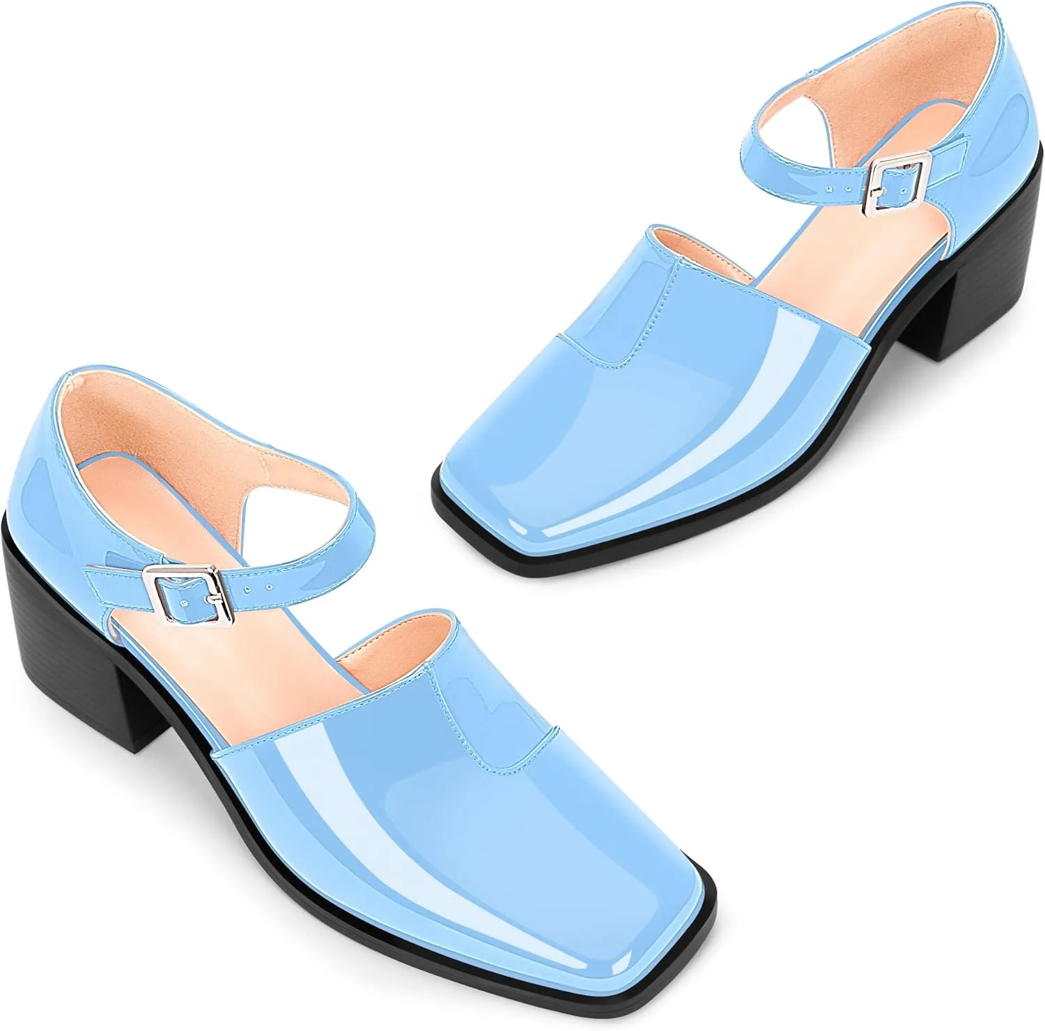 100FIXEO Women's Block High Heel Patent Leather Pumps Square Toe Buckle Strap Glossy Mary Jane Shoes
