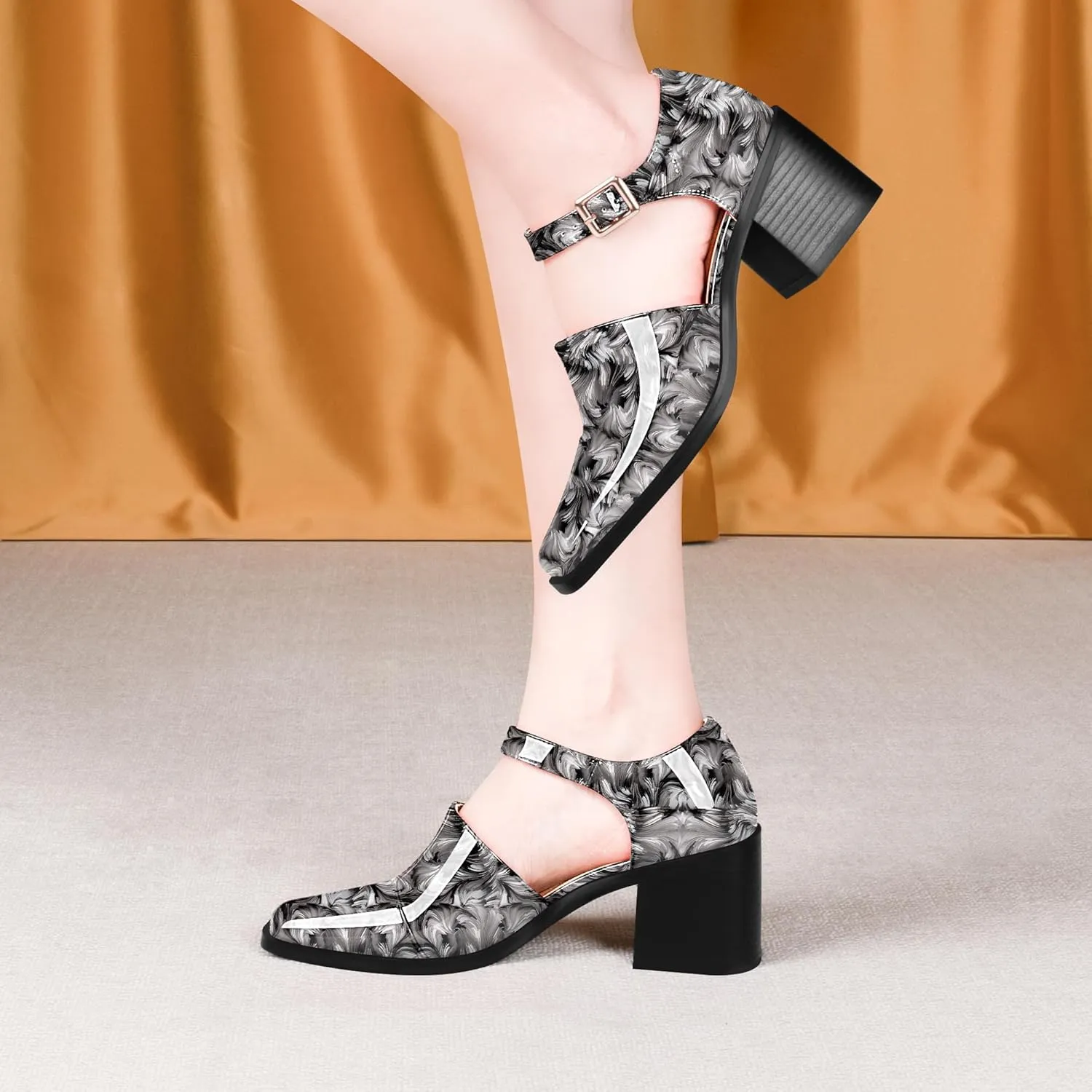 100FIXEO Women's Block High Heel Patent Leather Pumps Square Toe Buckle Strap Glossy Mary Jane Shoes
