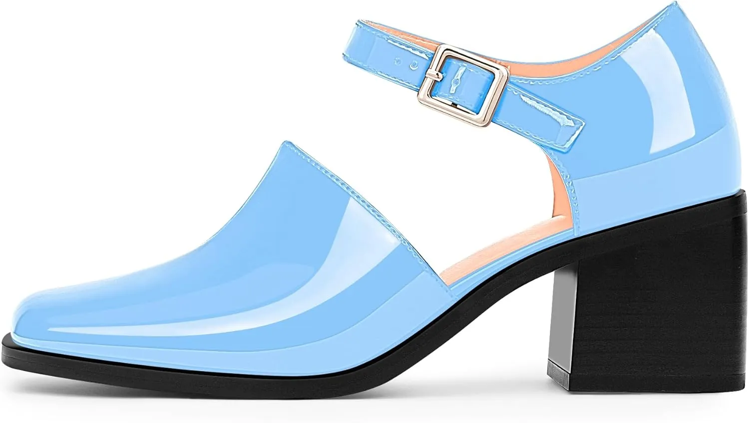 100FIXEO Women's Block High Heel Patent Leather Pumps Square Toe Buckle Strap Glossy Mary Jane Shoes
