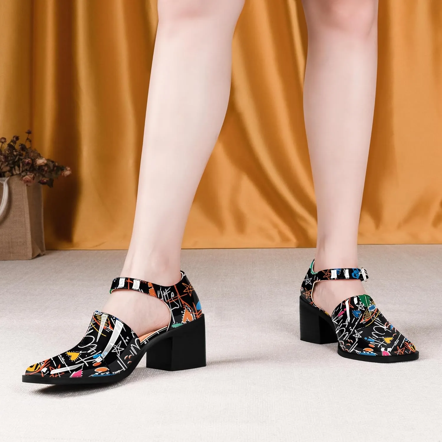 100FIXEO Women's Block High Heel Patent Leather Pumps Square Toe Buckle Strap Glossy Mary Jane Shoes