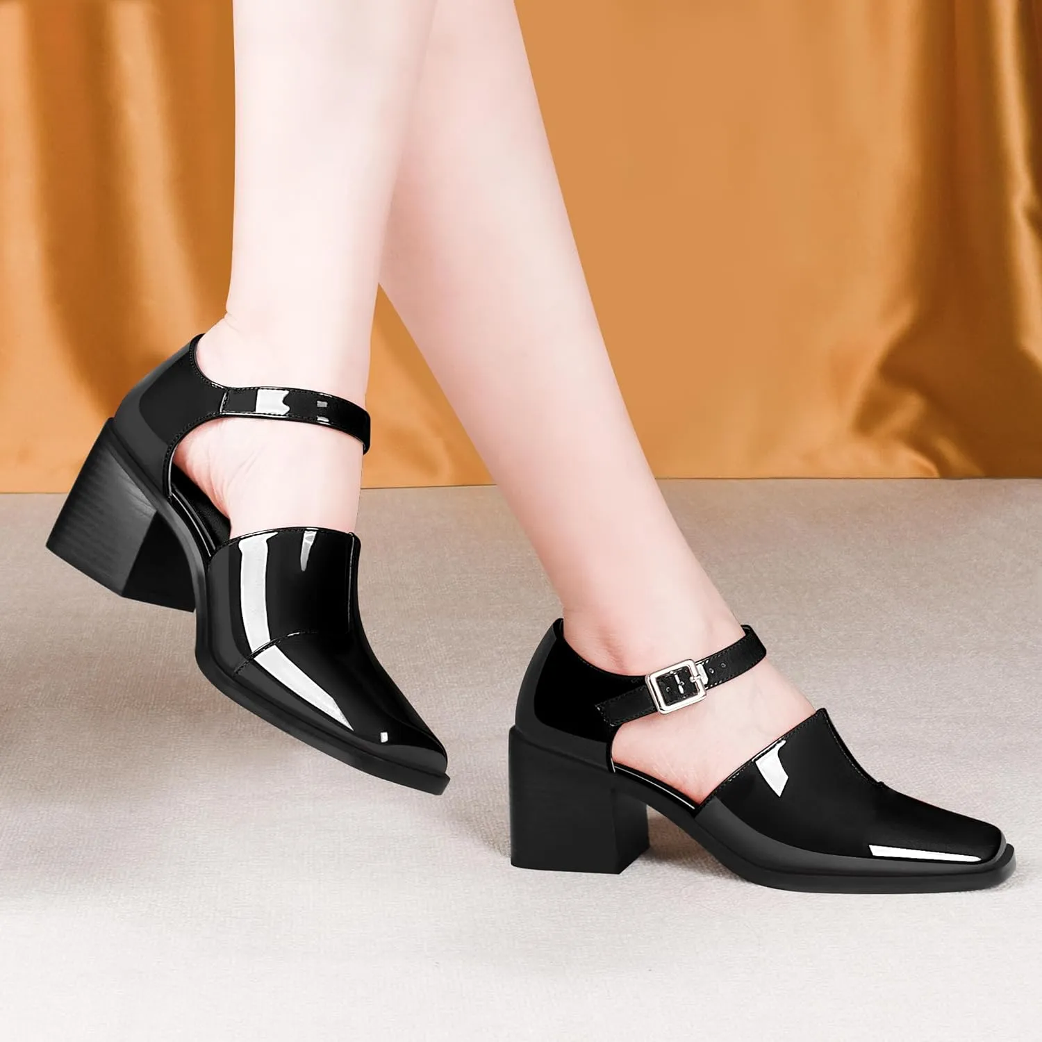 100FIXEO Women's Block High Heel Patent Leather Pumps Square Toe Buckle Strap Glossy Mary Jane Shoes