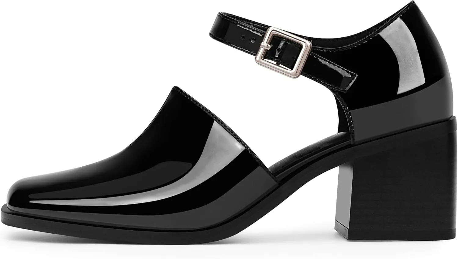 100FIXEO Women's Block High Heel Patent Leather Pumps Square Toe Buckle Strap Glossy Mary Jane Shoes