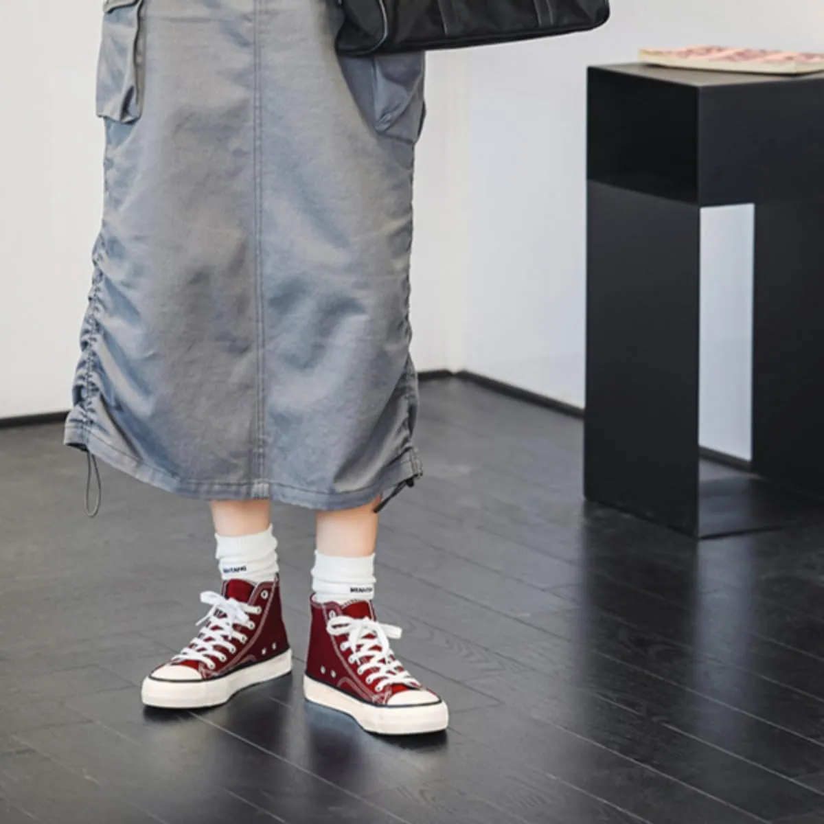 1970s Retro Canvas Sneakers Women High Top Lace-Up Vulcanized Skate Shoes Korean Style Casual Platform Shoes for Teen Girls School Spring Summer