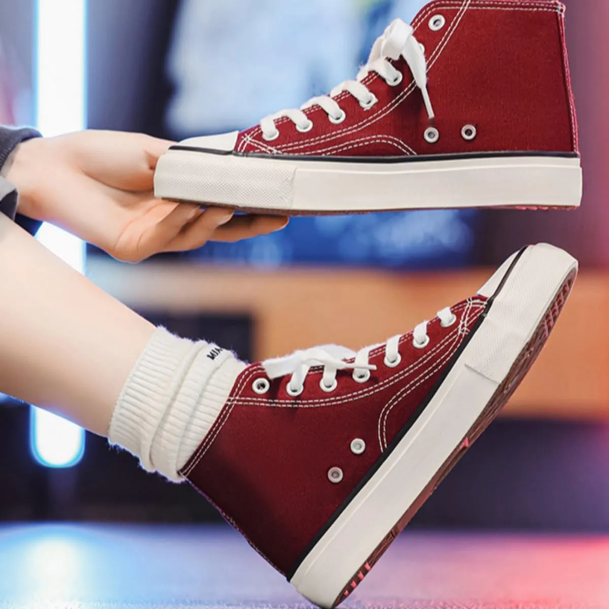 1970s Retro Canvas Sneakers Women High Top Lace-Up Vulcanized Skate Shoes Korean Style Casual Platform Shoes for Teen Girls School Spring Summer