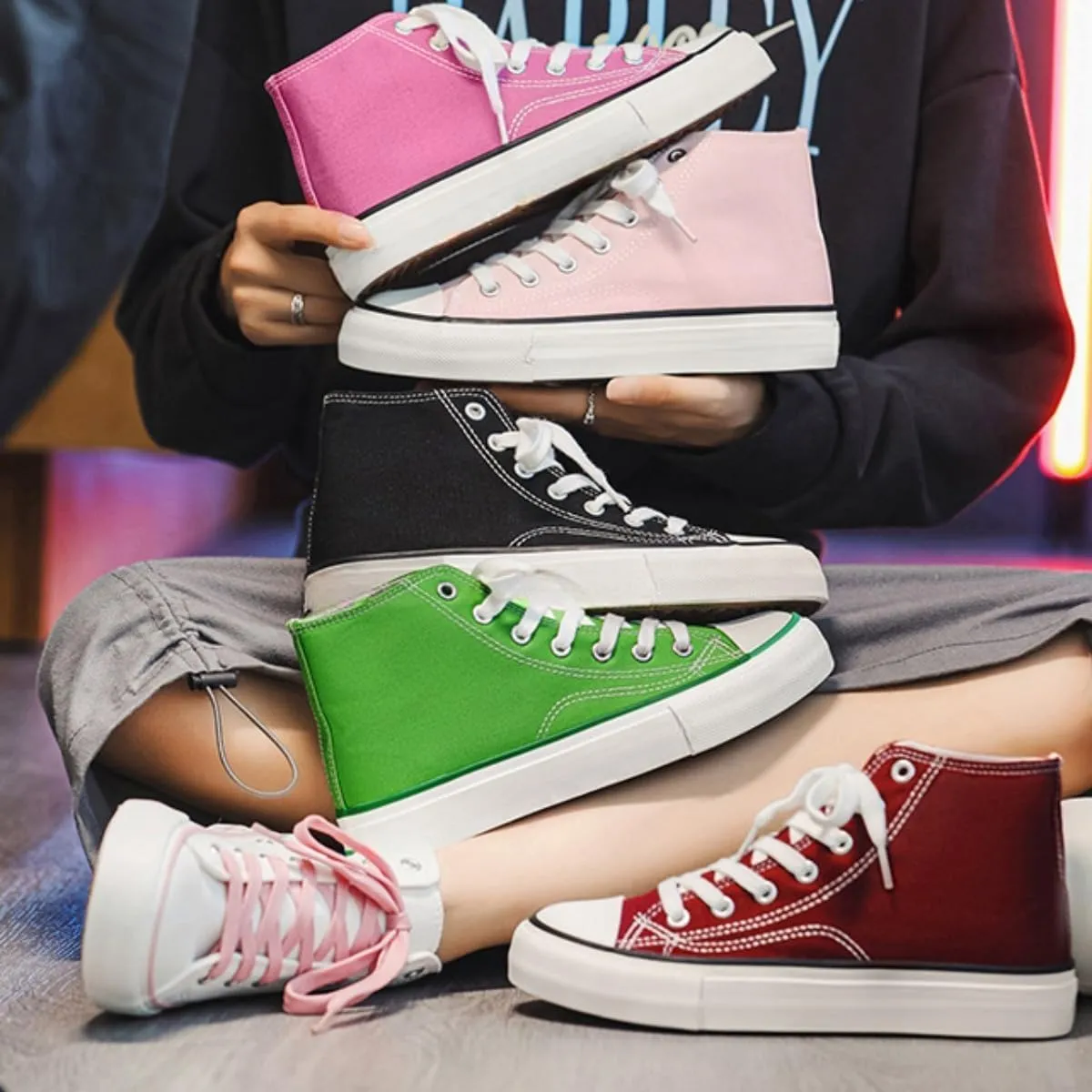 1970s Retro Canvas Sneakers Women High Top Lace-Up Vulcanized Skate Shoes Korean Style Casual Platform Shoes for Teen Girls School Spring Summer