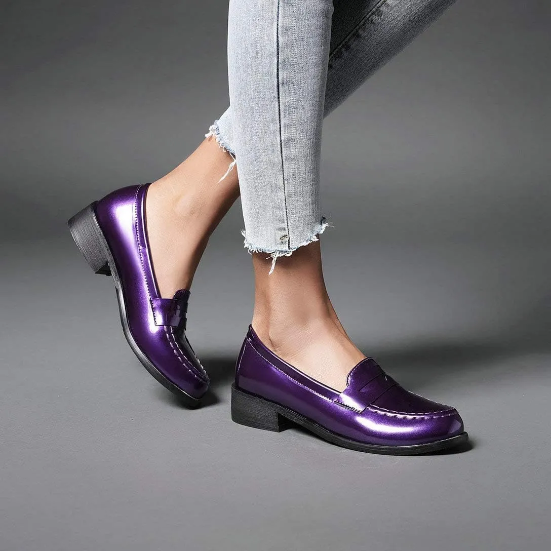 Alsoloveu Women Patent Leather Loafers Shoes Chunky Low Heel