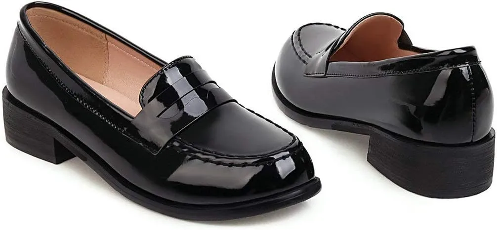 Alsoloveu Women Patent Leather Loafers Shoes Chunky Low Heel