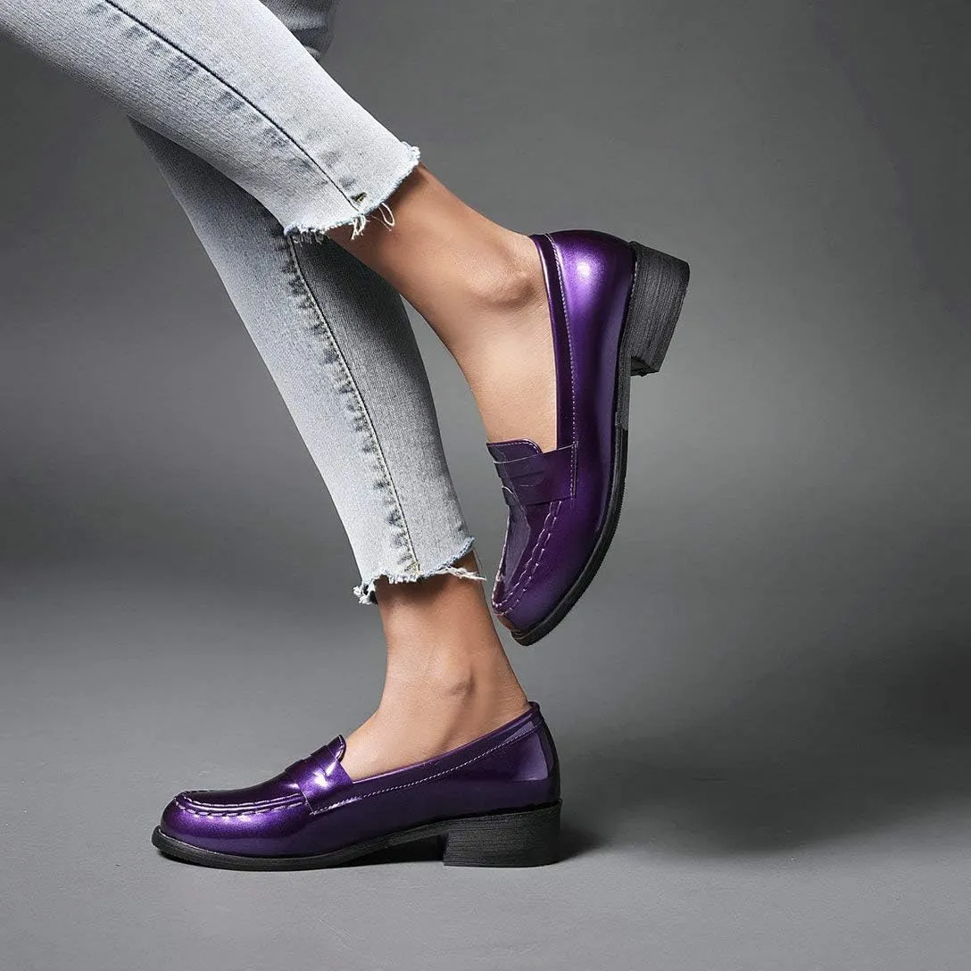 Alsoloveu Women Patent Leather Loafers Shoes Chunky Low Heel