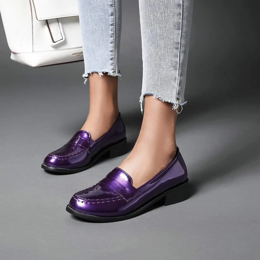 Alsoloveu Women Patent Leather Loafers Shoes Chunky Low Heel
