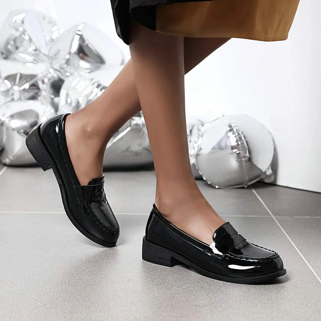 Alsoloveu Women Patent Leather Loafers Shoes Chunky Low Heel