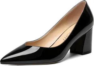 AMBELIGHT Womens Pointed Toe Dress Office Solid Slip On Patent Chunky Mid Heel Pumps Shoes 2.5 Inch