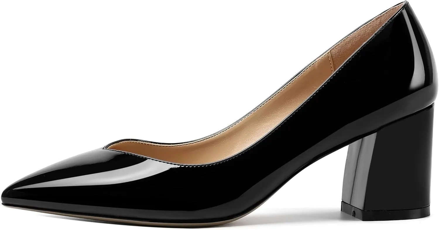 AMBELIGHT Womens Pointed Toe Dress Office Solid Slip On Patent Chunky Mid Heel Pumps Shoes 2.5 Inch