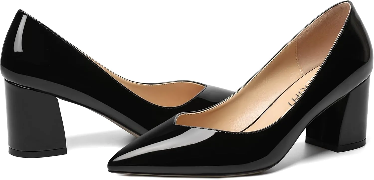 AMBELIGHT Womens Pointed Toe Dress Office Solid Slip On Patent Chunky Mid Heel Pumps Shoes 2.5 Inch