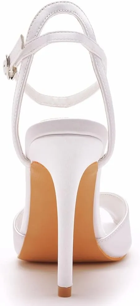 Arqa Peep Toe Ankle Strap Stiletto High Heels Satin Heeled Sandals with Pearl Bride Wedding Shoes