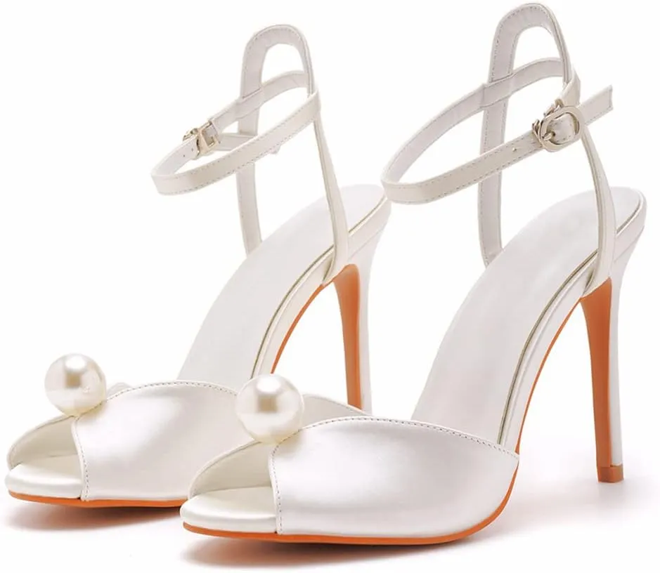 Arqa Peep Toe Ankle Strap Stiletto High Heels Satin Heeled Sandals with Pearl Bride Wedding Shoes