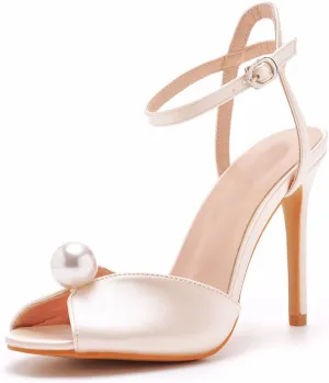 Arqa Peep Toe Ankle Strap Stiletto High Heels Satin Heeled Sandals with Pearl Bride Wedding Shoes