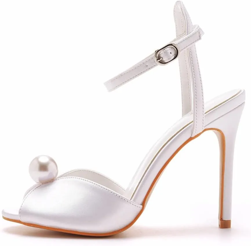Arqa Peep Toe Ankle Strap Stiletto High Heels Satin Heeled Sandals with Pearl Bride Wedding Shoes