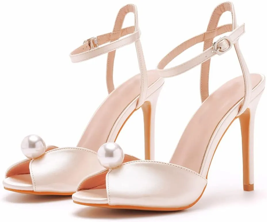 Arqa Peep Toe Ankle Strap Stiletto High Heels Satin Heeled Sandals with Pearl Bride Wedding Shoes