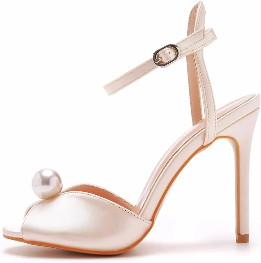 Arqa Peep Toe Ankle Strap Stiletto High Heels Satin Heeled Sandals with Pearl Bride Wedding Shoes