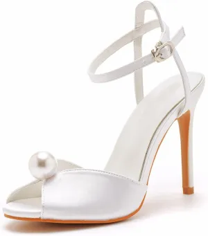Arqa Peep Toe Ankle Strap Stiletto High Heels Satin Heeled Sandals with Pearl Bride Wedding Shoes