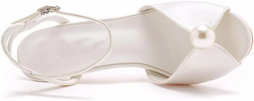 Arqa Peep Toe Ankle Strap Stiletto High Heels Satin Heeled Sandals with Pearl Bride Wedding Shoes